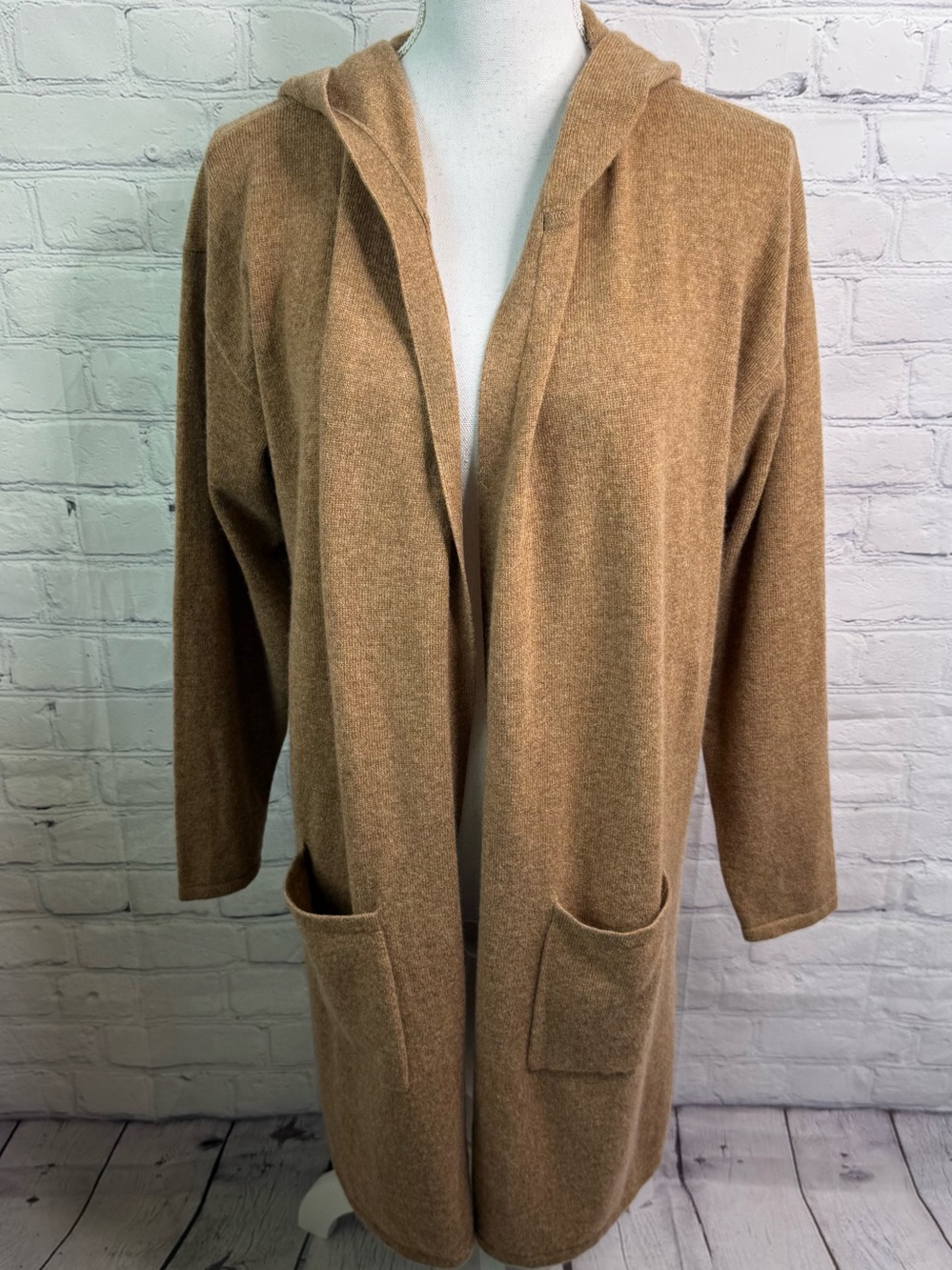 Charter Club Cashmere Camel Open Front Cardigan Large Hooded